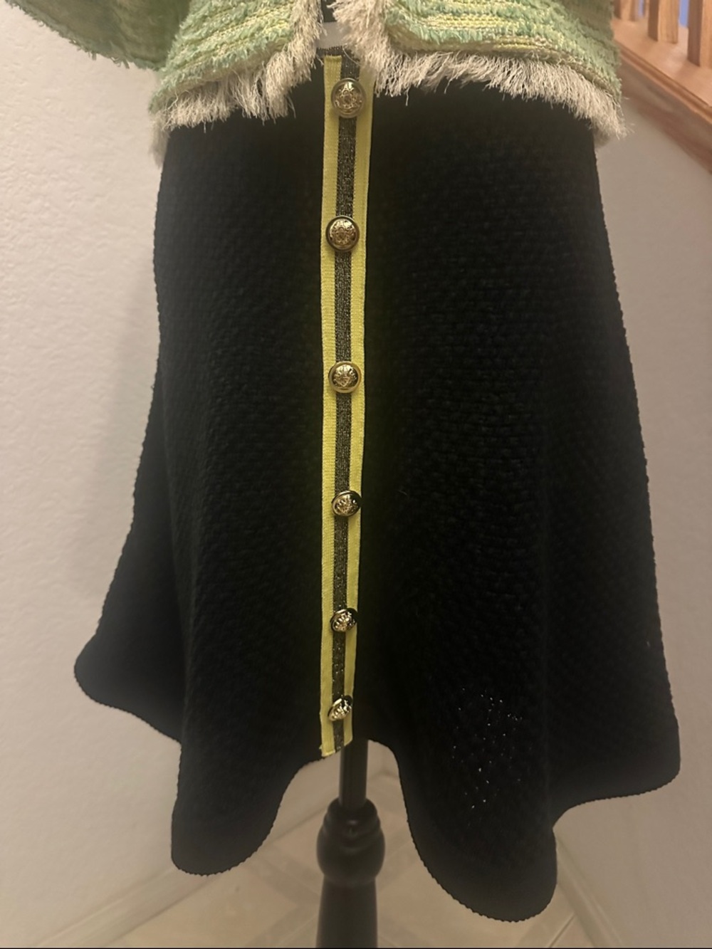 Karen Millen Black Knit A line Skirt with Yellow Trim and Decorative Buttons